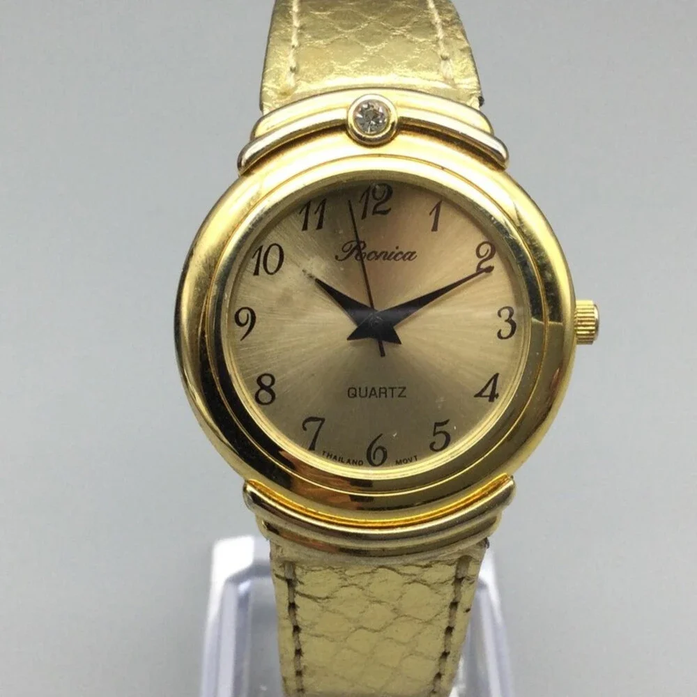 Vintage Ronica Womens Watch 31mm Gold Tone Gem Leather New Battery